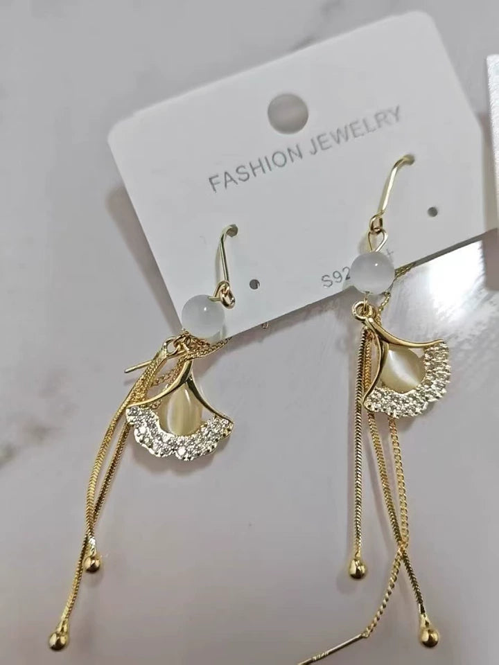 Women's Silver Needle Long Tassel Earrings Ginkgo Leaf Ear Wire