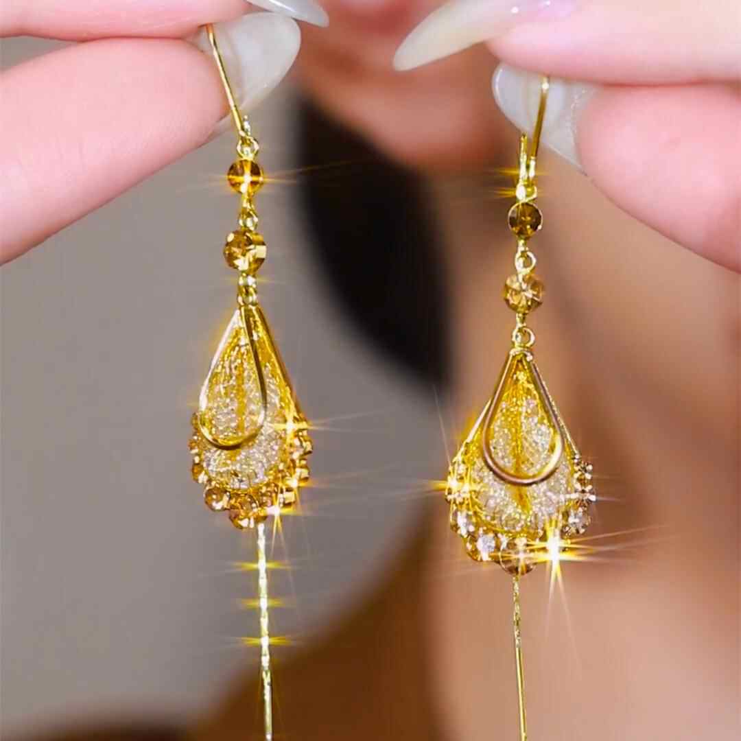 Gold Rhinestone Teardrop Threader Earrings – Elegant Mesh Dangle Statement Earrings for Women