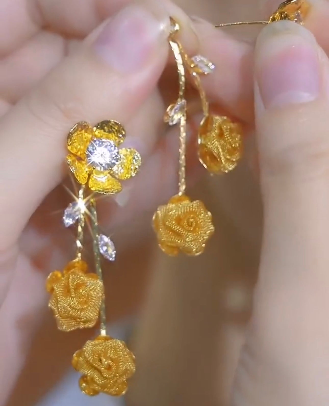 Elegant Gold Sequined Mesh Long Diamond Earrings for Women