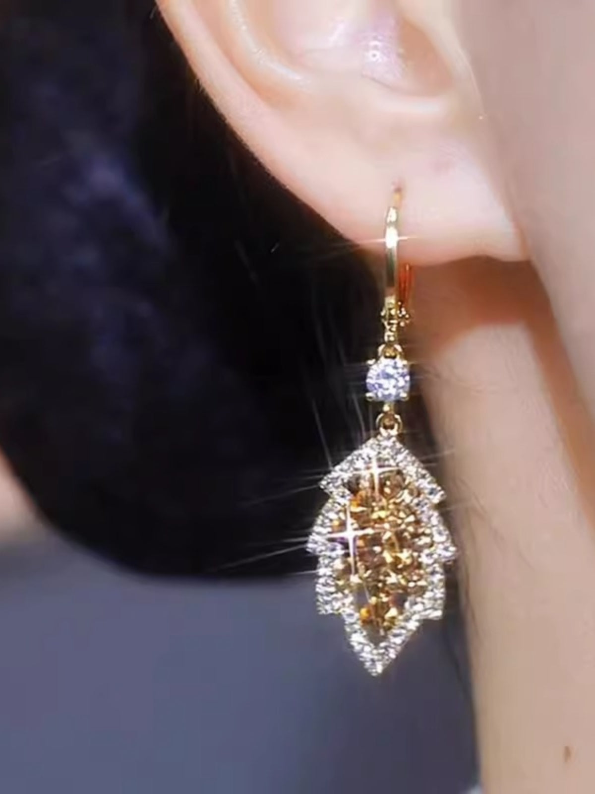 Gold Branches and Jade Leaves Diamond Hollow Earrings Women's Accessories