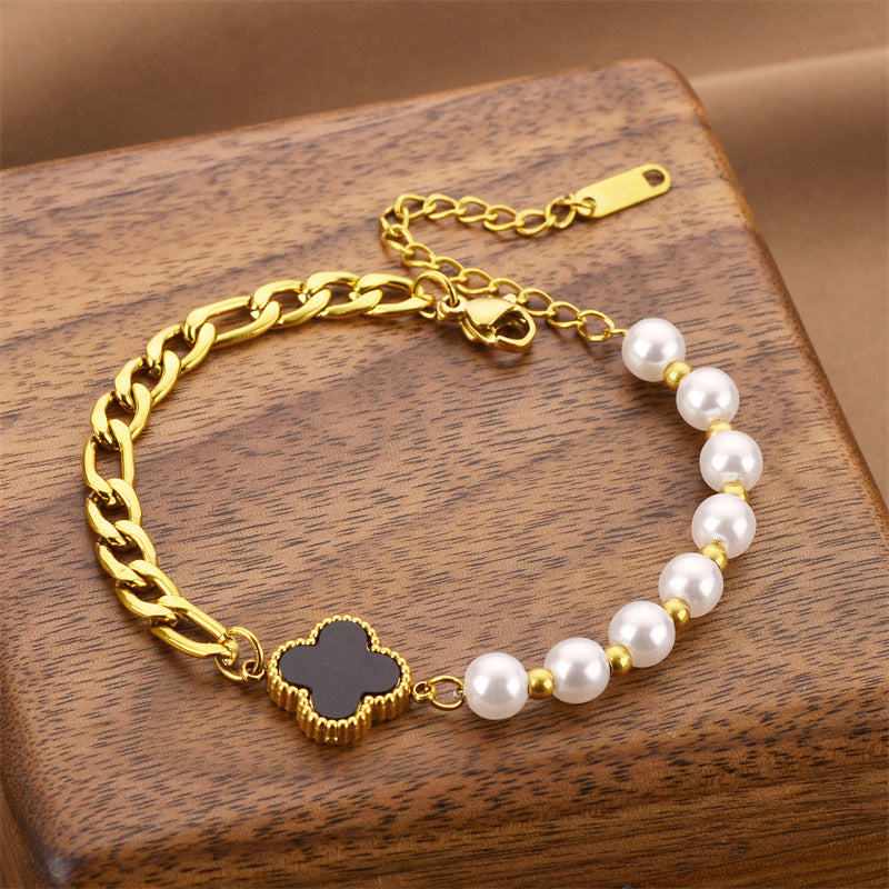 Pearl Four-leaf Clover Titanium Steel Bracelet Women's Fashion Bracelet