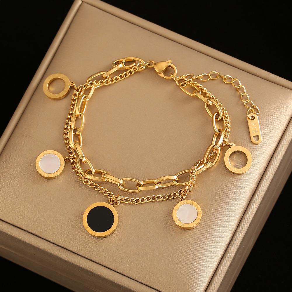 Black And White Roman Numeral Double-layer Titanium Steel Bracelet For Women