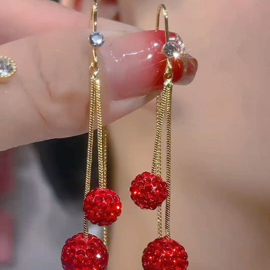 Women's Fashion Red Diamond Ball Tassel Earrings