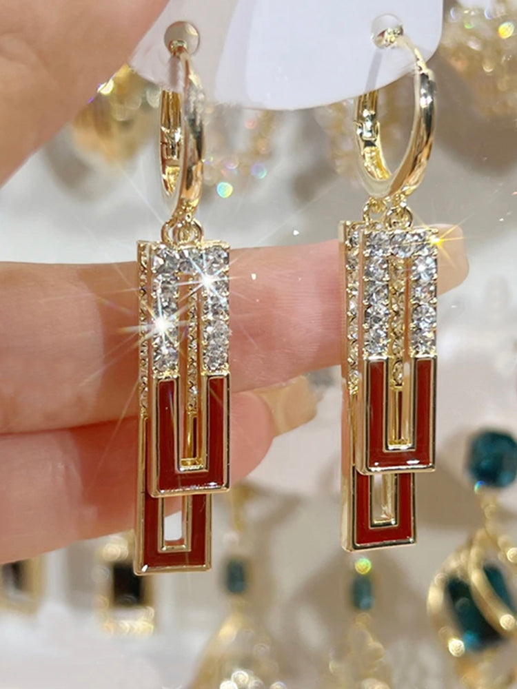 Design Retro Red Drip Glaze Diamond Geometric Earrings