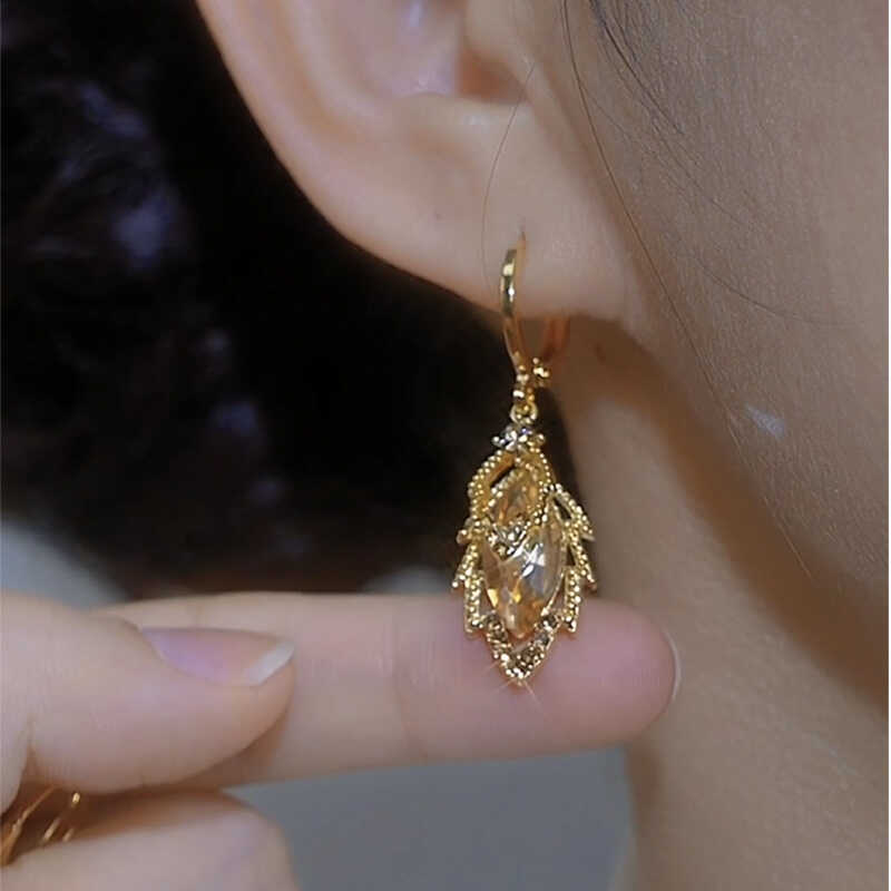 Golden Branches And Jade Leaves Champagne Color Full Diamond Leaf Earrings
