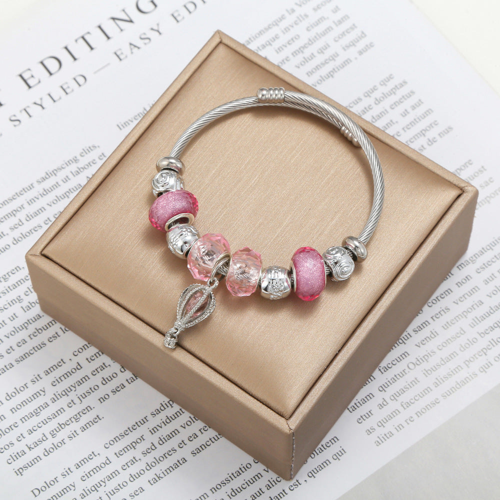 DIY Open Stainless Steel Bracelet Female Pink Hot Air Balloon Angel Wing Pendant