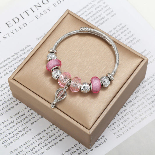 Pulsera de acero inoxidable abierta DIY para mujer con colgante de ala de ángel y globo aerostático rosa