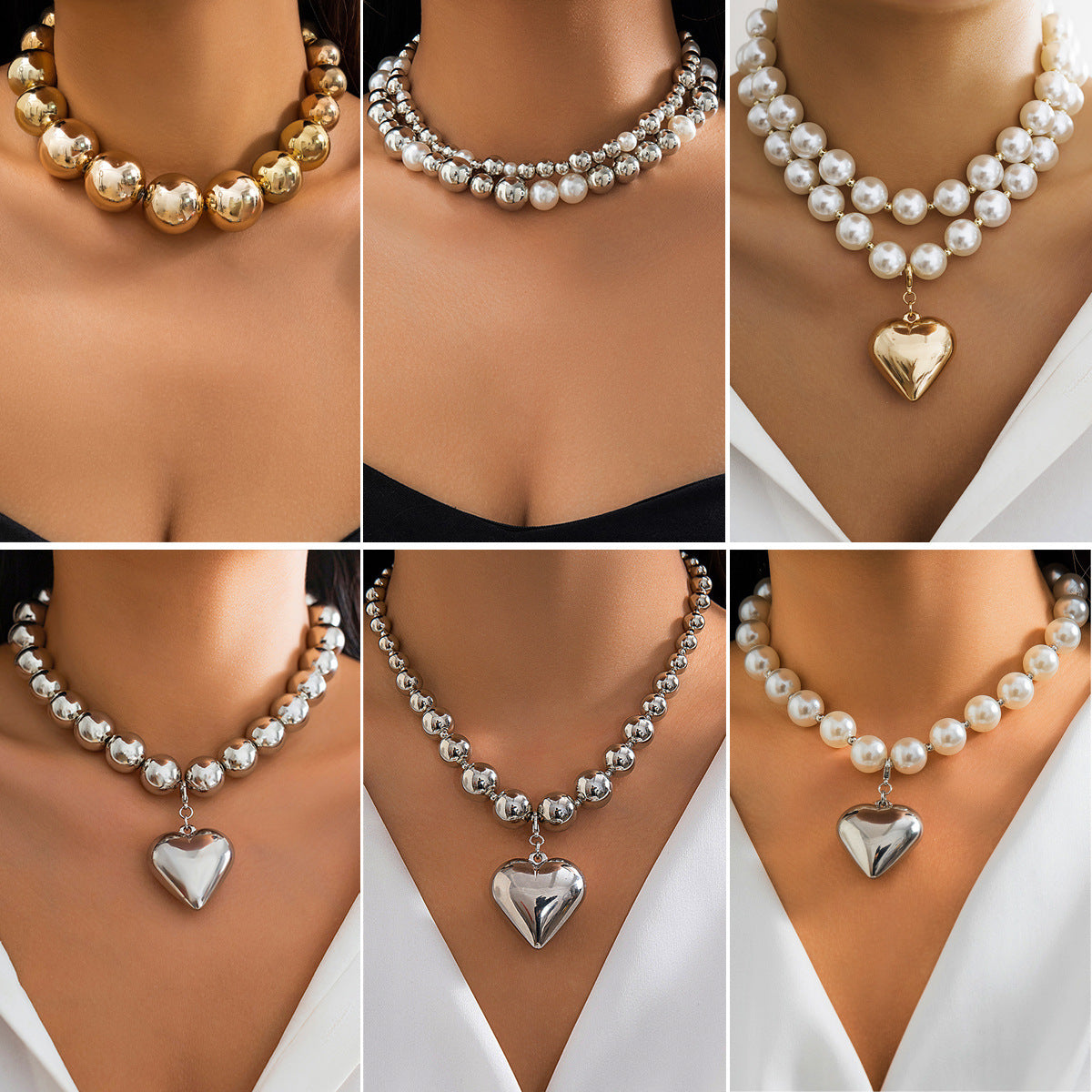 Large Round Bead Punk Collar Clavicle Chain Geometric Bead Necklace For Women