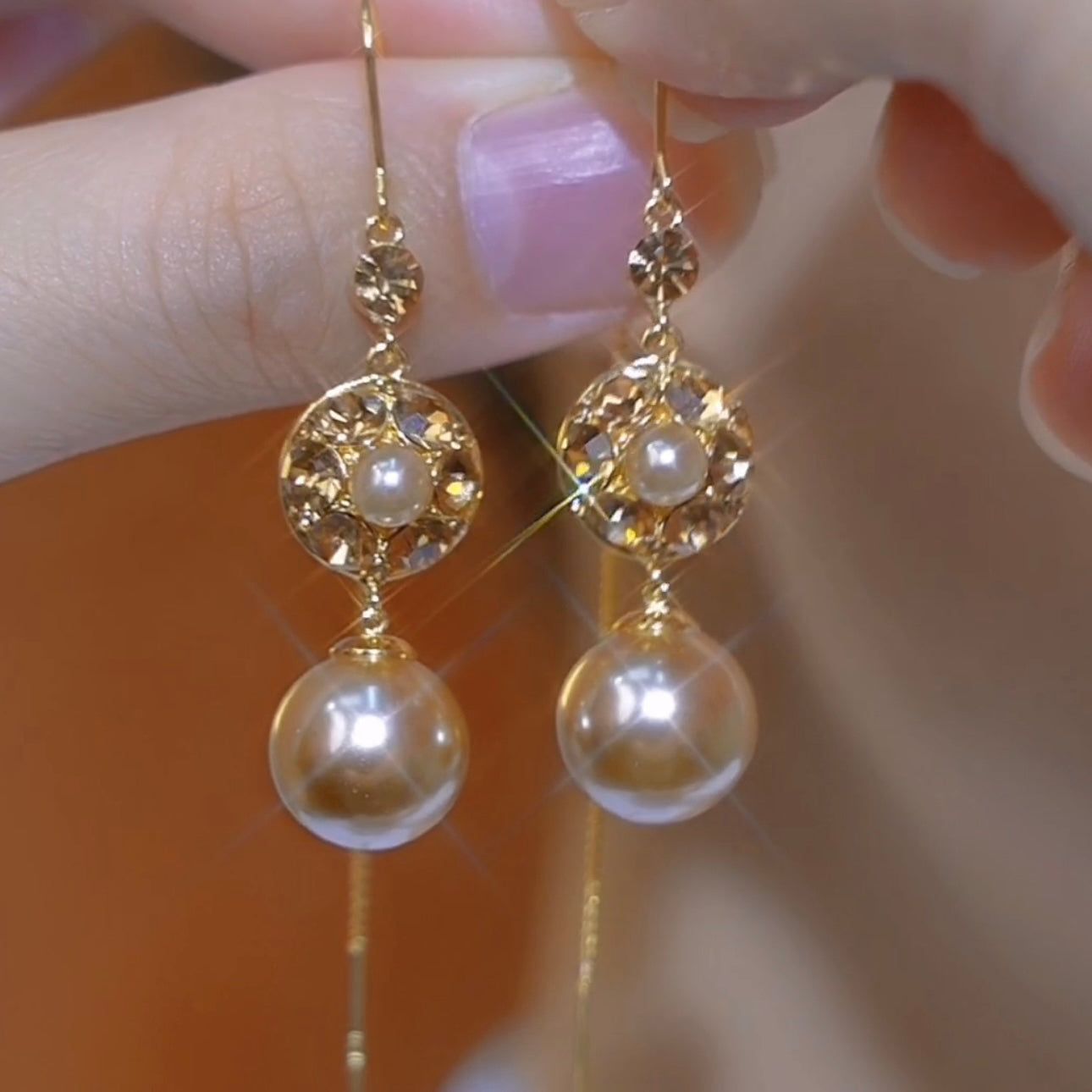 Champagne Diamond Vintage Long Pearl Earrings