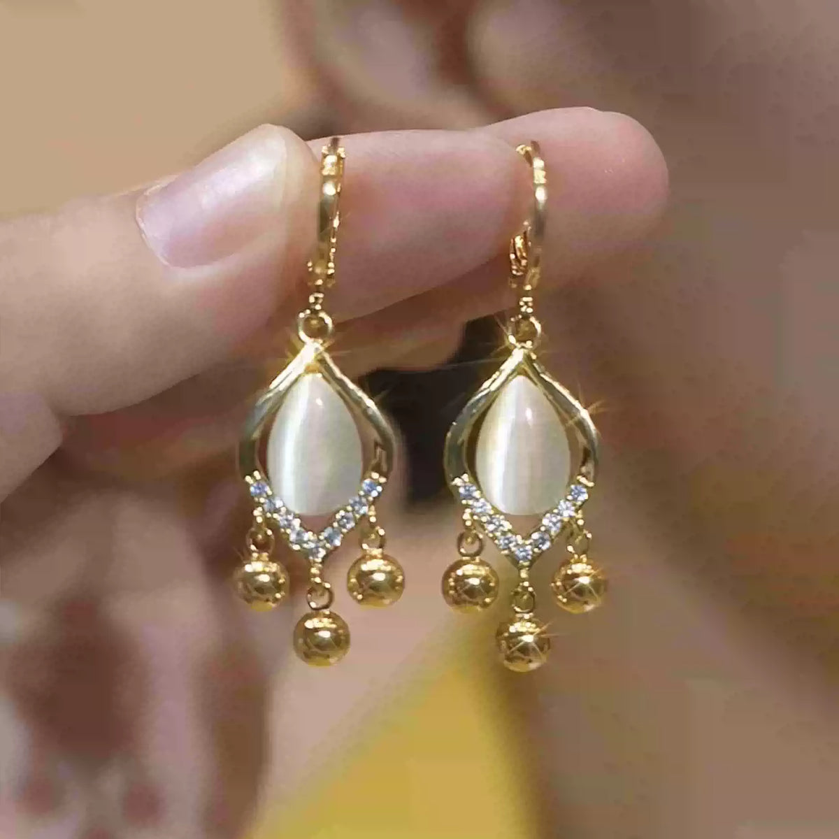 Elegant Cat-Eye Stone Tassel Drop Earrings with Crystal Accents