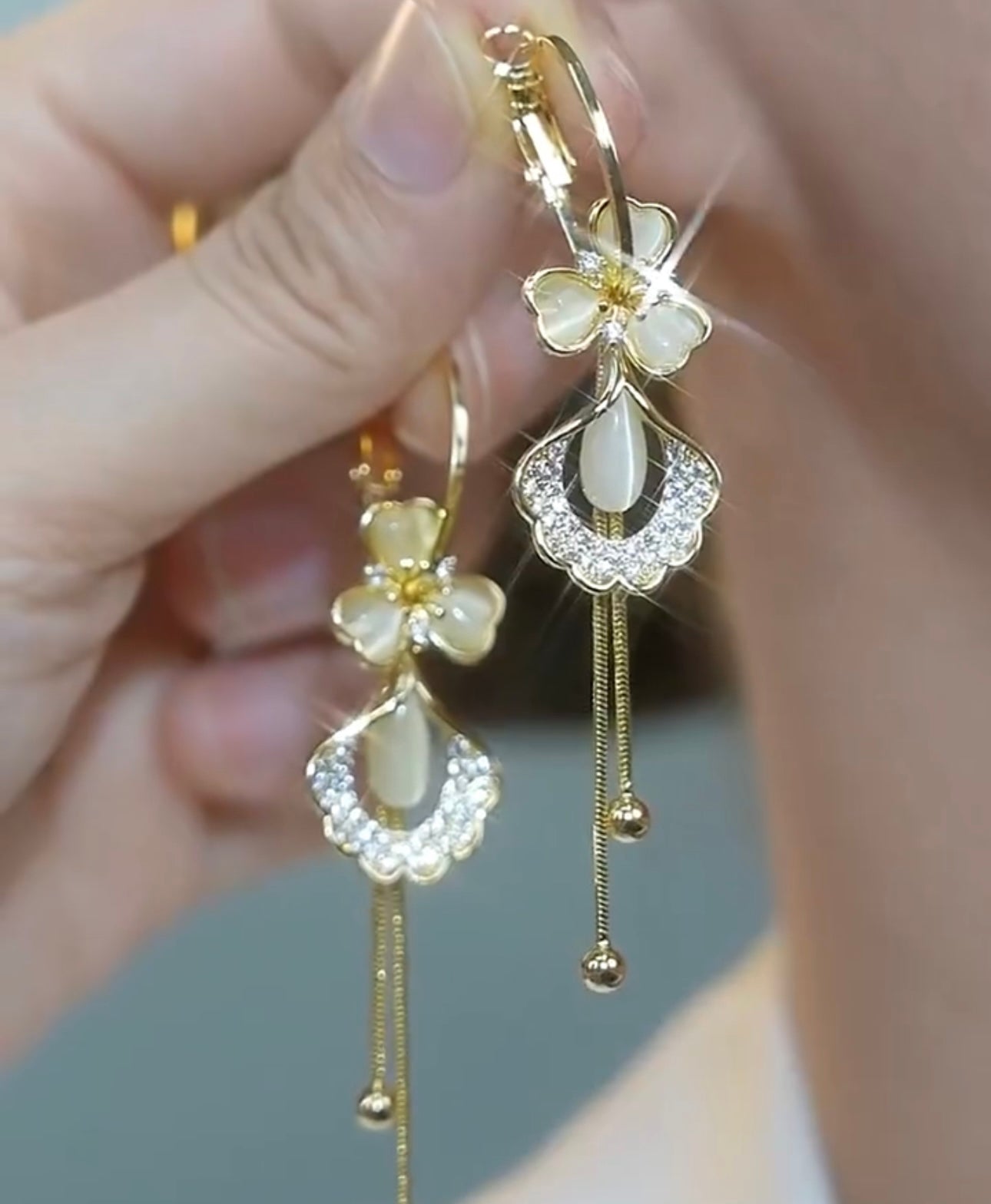 Fashion Cat'S Eye Flower Tassel Earrings For Women