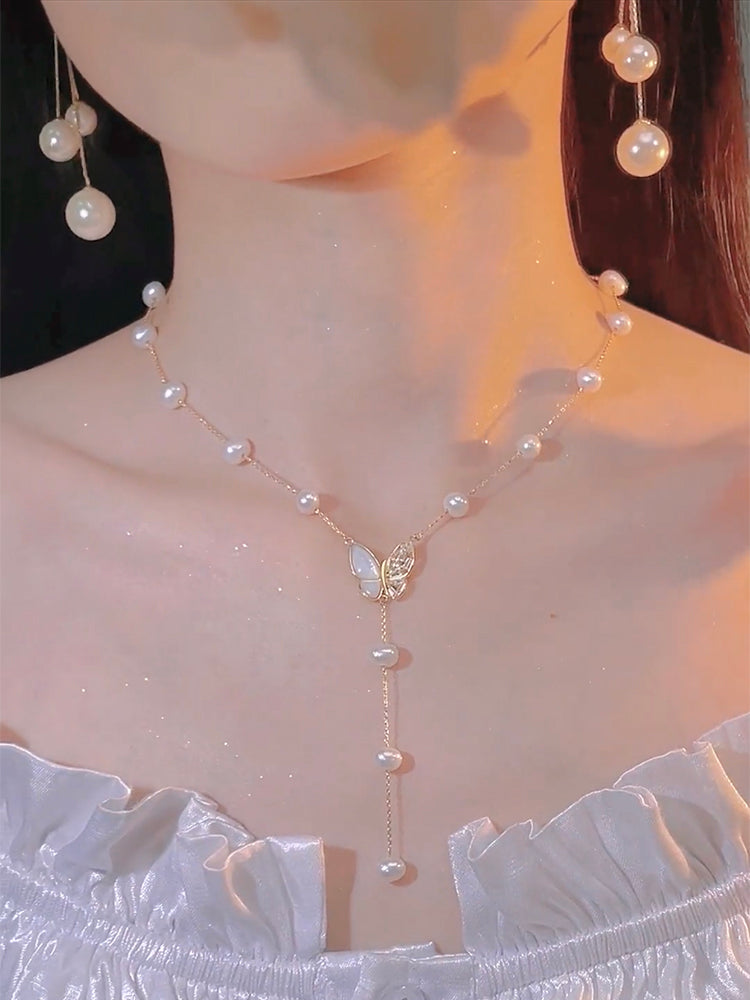 Super Fairy Butterfly Tassel Necklace Pearl Collarbone Chain