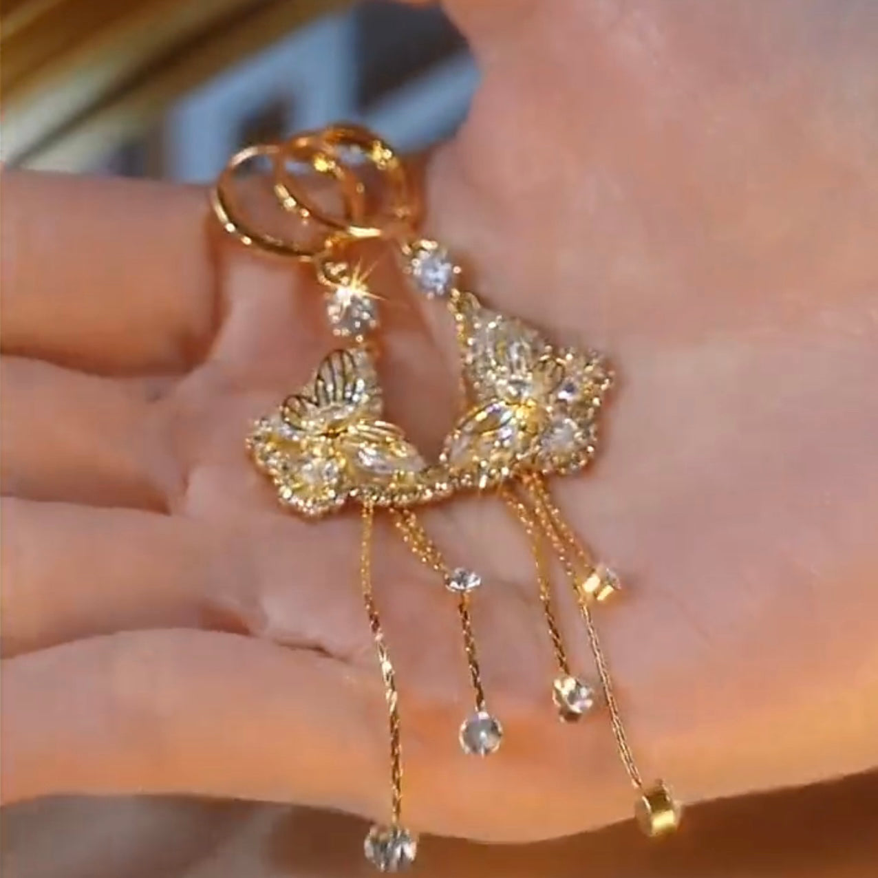 Micro-Inlaid Butterfly Earrings Autumn And Winter Long Retro Tassel Female French Earrings