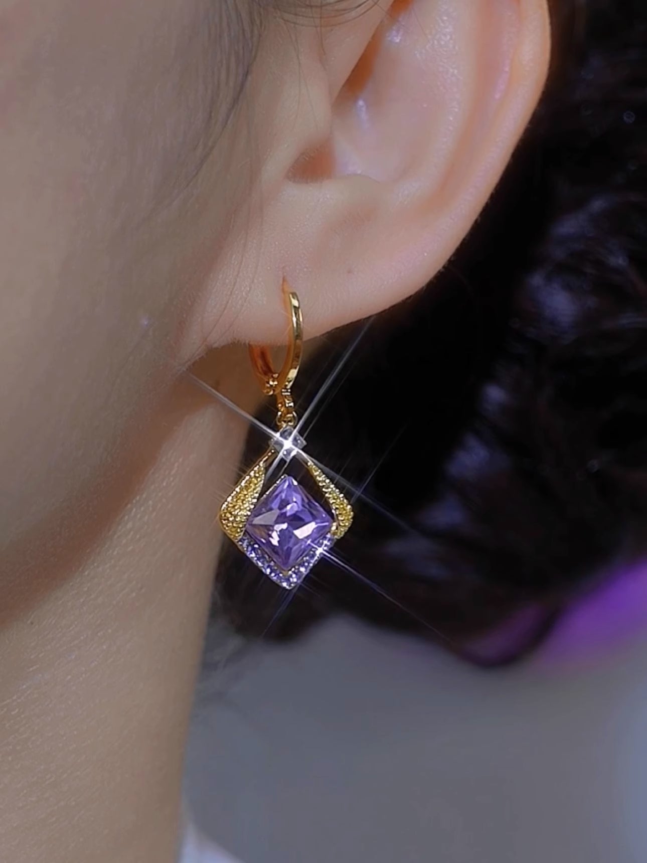 Purple Crystal Rhombus Full Diamond Earrings Fashion Jewelry