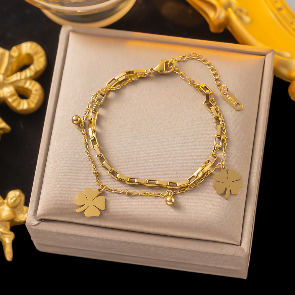 Lucky Four-leaf Clover Pendant Double-layer Elegant Fashion Bracelet For Women