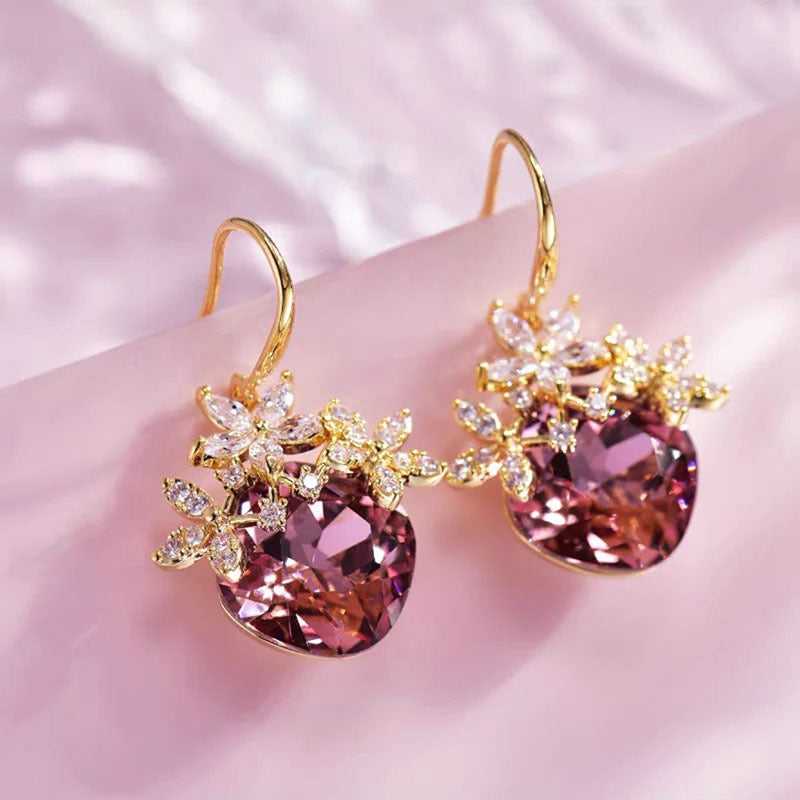 Crystal Zircon Personality Purple Flower Ear Hook Temperament Earrings