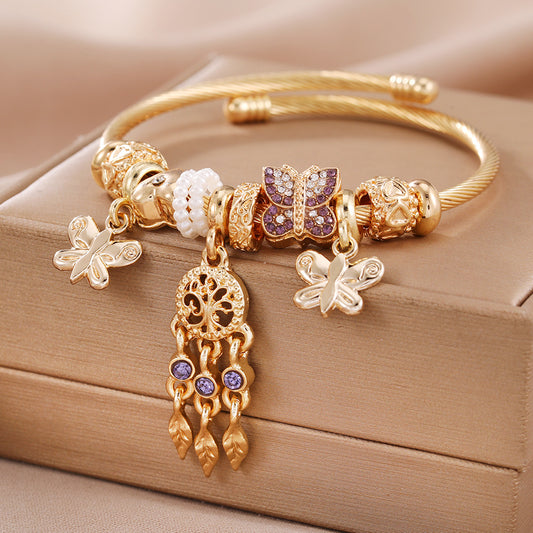 Pulsera abierta de bricolaje con atrapasueños de mariposas dulces, accesorios, pulsera femenina juvenil, joyería
