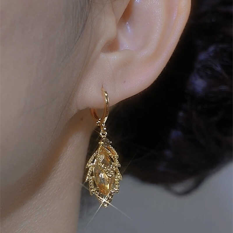 Golden Branches And Jade Leaves Champagne Color Full Diamond Leaf Earrings