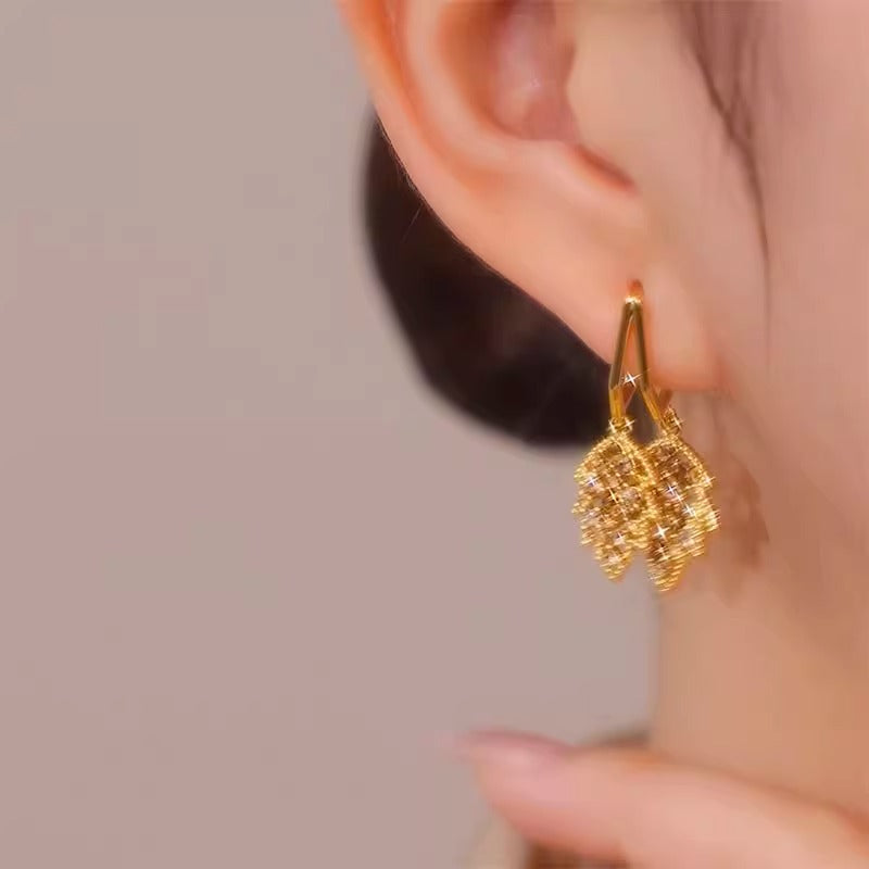 Gold Diamond Leaf Earrings With Silver Needle For Women