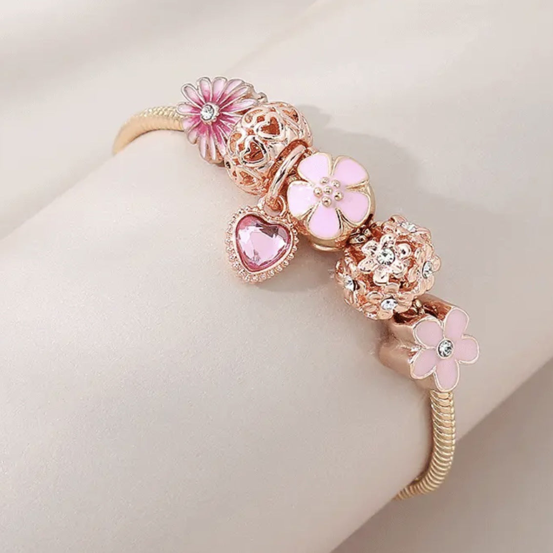 Pink Heart Daisy Beaded Bracelet Hollow Diamond Flower Ball Bracelet