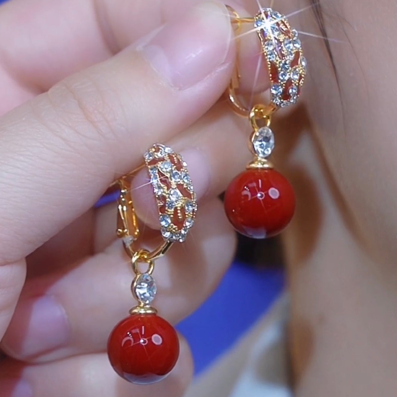 Red Bead Earrings Design Zircon Silver Needle Studs