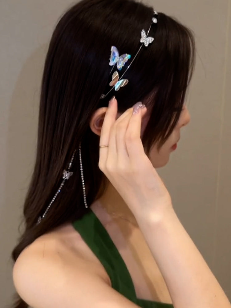 Crystal Butterfly Flash Diamond Tassel Headband Women's High-end Headwear Accessories Hairpin Headband