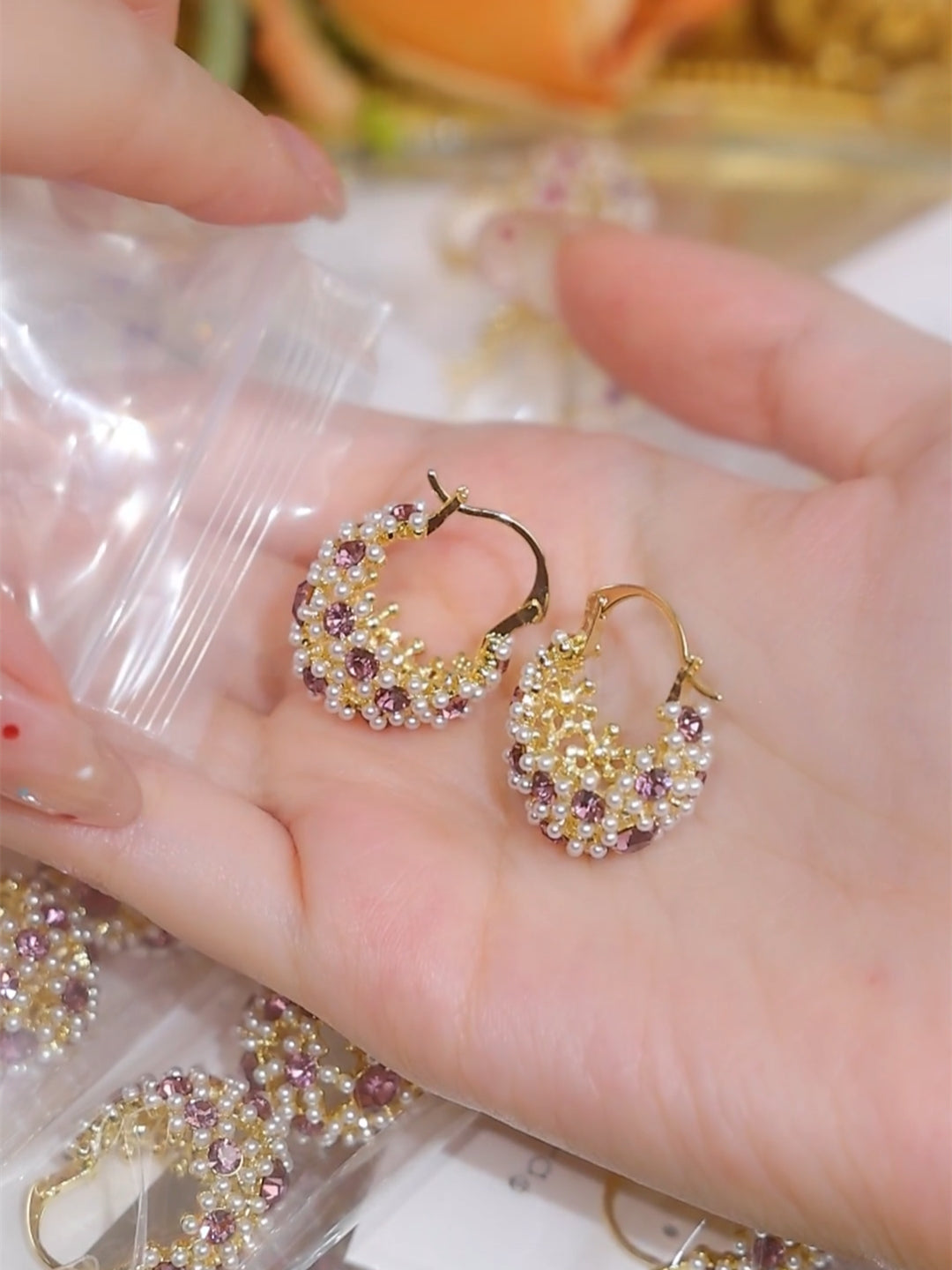 Flower Millet Bead Purple Diamond Basket Flower Earrings