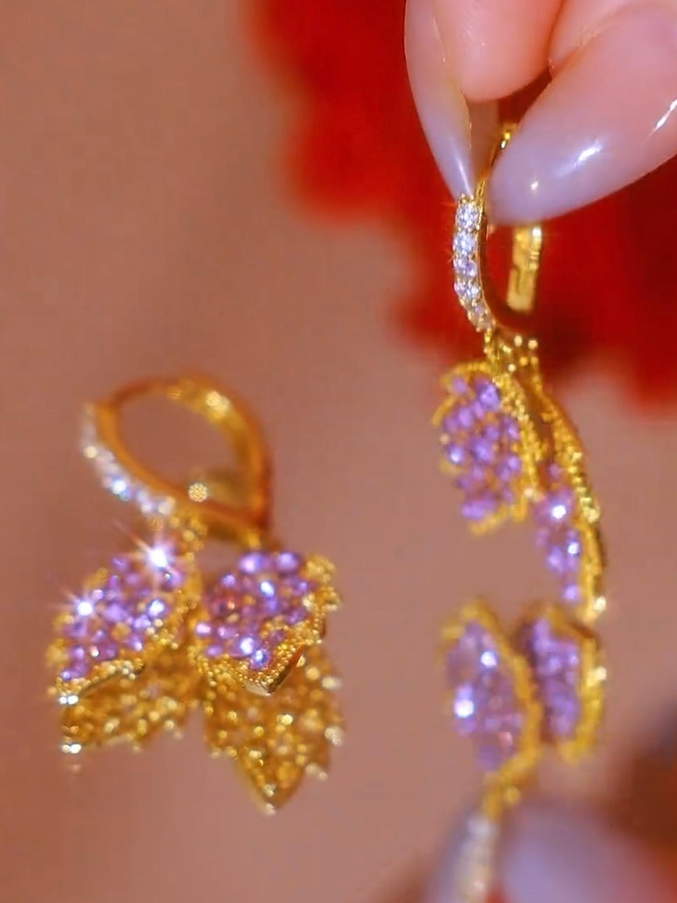 Golden Branches and Jade Leaf Earrings High-end Purple Diamond Leaf Earrings