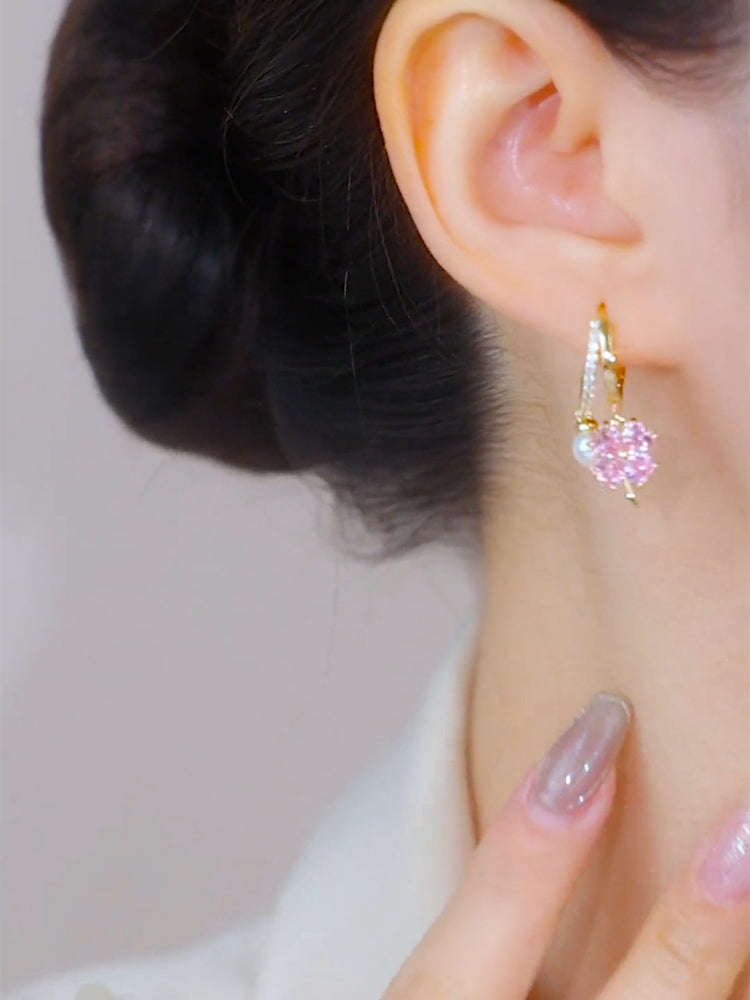 Exquisite Pink Crystal Clover Pearl Earrings Women's Accessories
