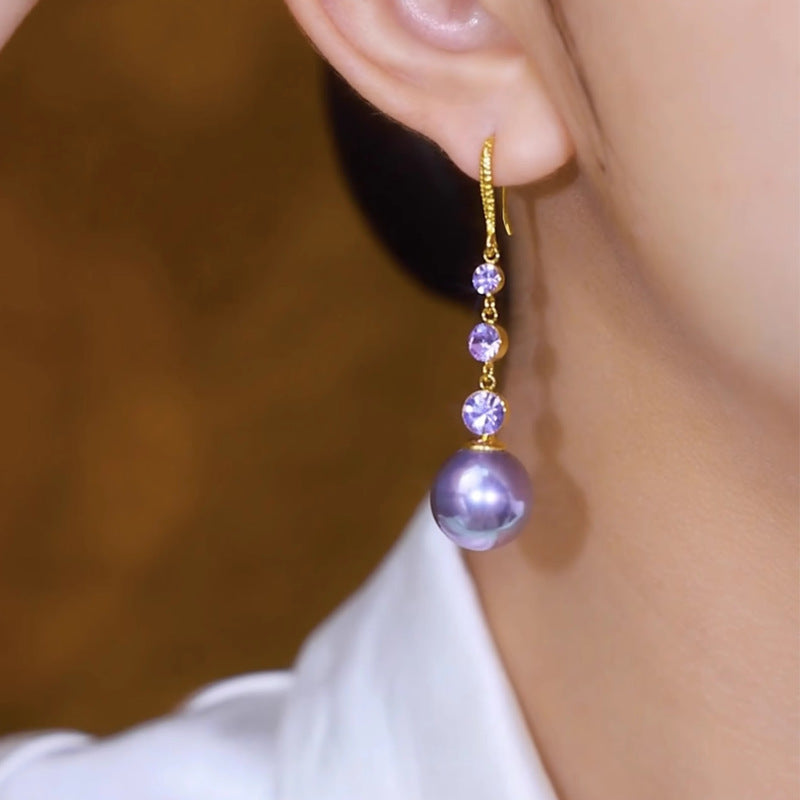 French Purple Long Fashionable Temperament Bead Earrings For Women