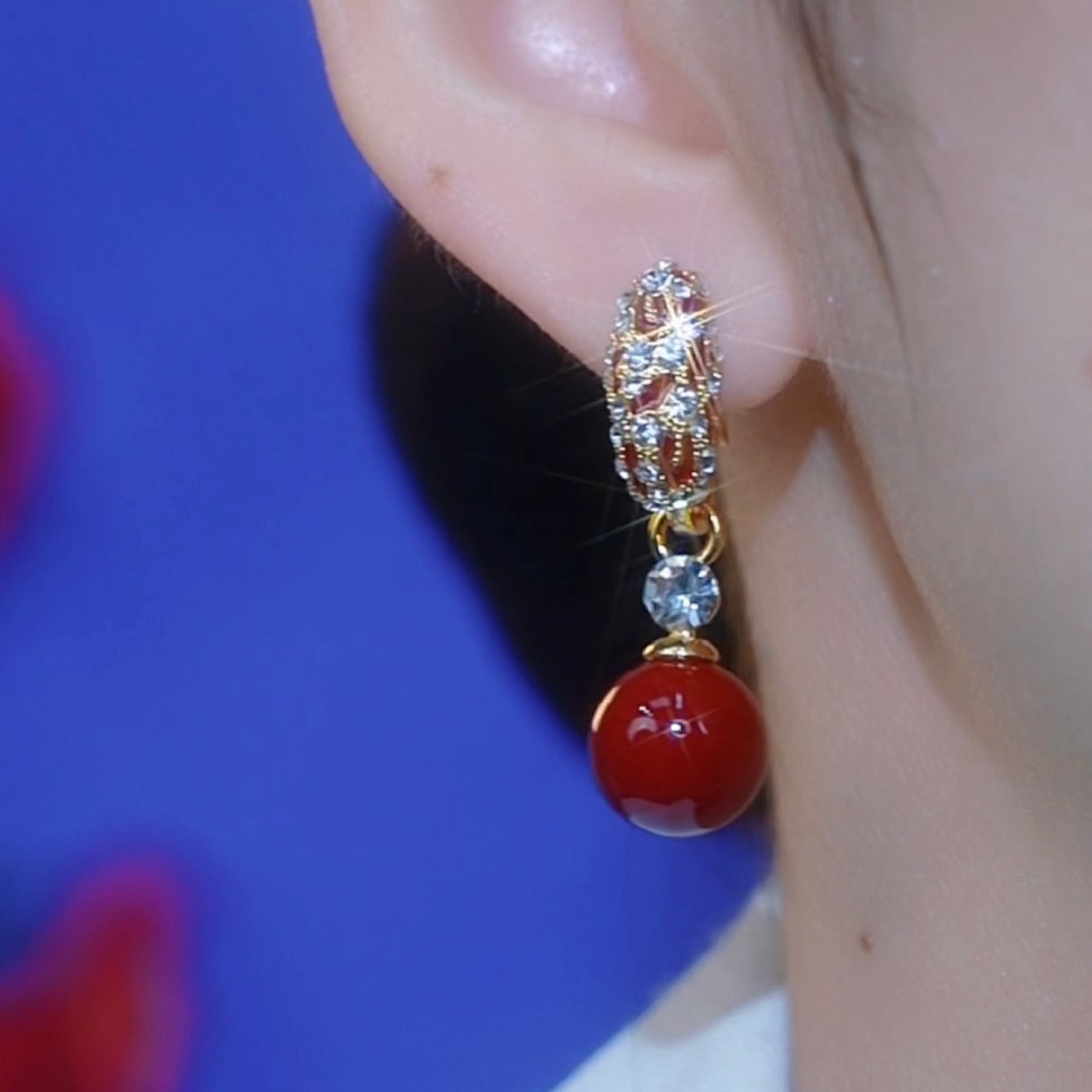 Red Bead Earrings Design Zircon Silver Needle Studs