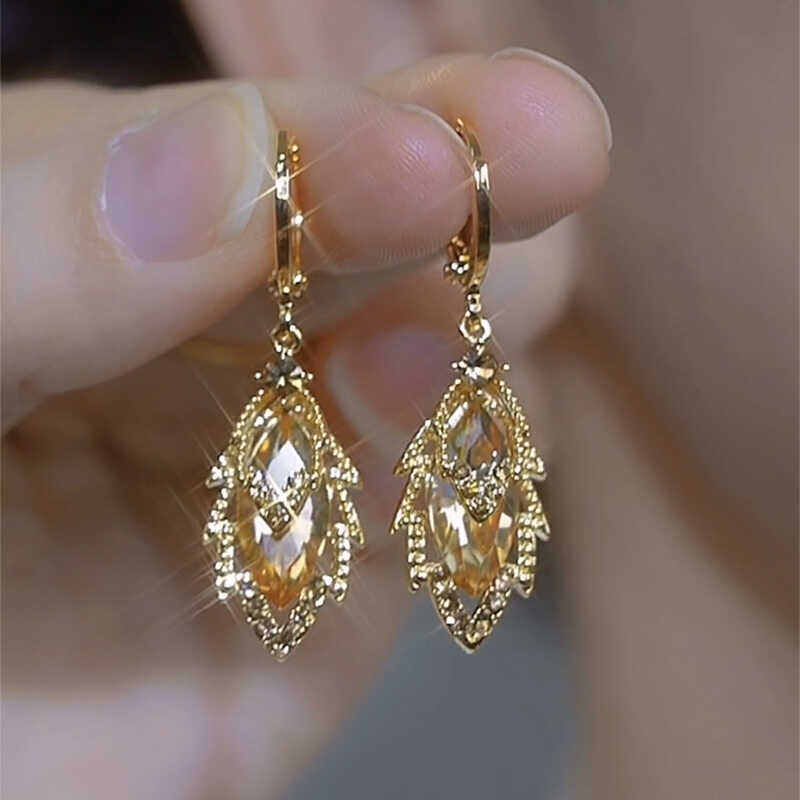 Golden Branches And Jade Leaves Champagne Color Full Diamond Leaf Earrings