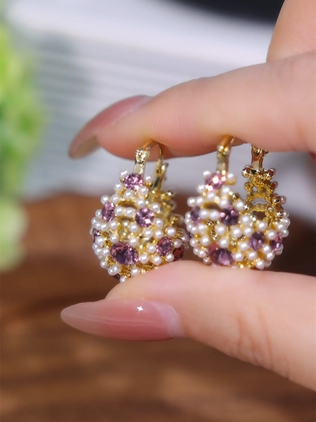 Flower Millet Bead Purple Diamond Basket Flower Earrings