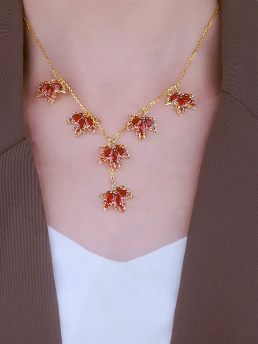Gold And Red Diamond Maple Leaf Necklace