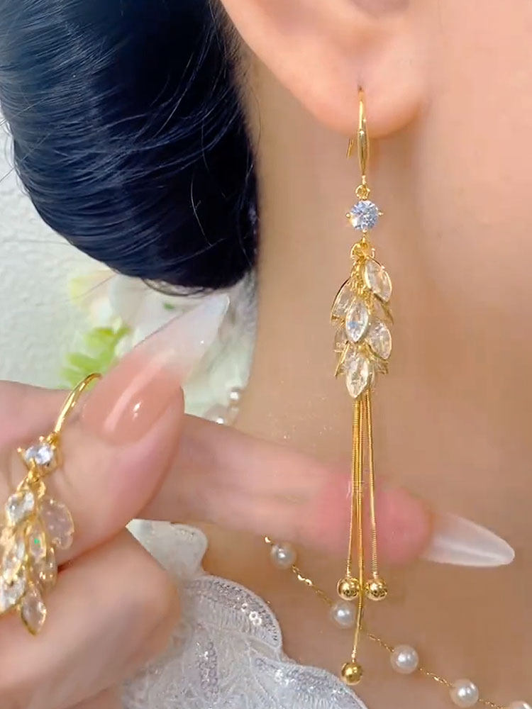 New Wheat Ear Zircon Long Tassel Ear Hook Earrings for Women