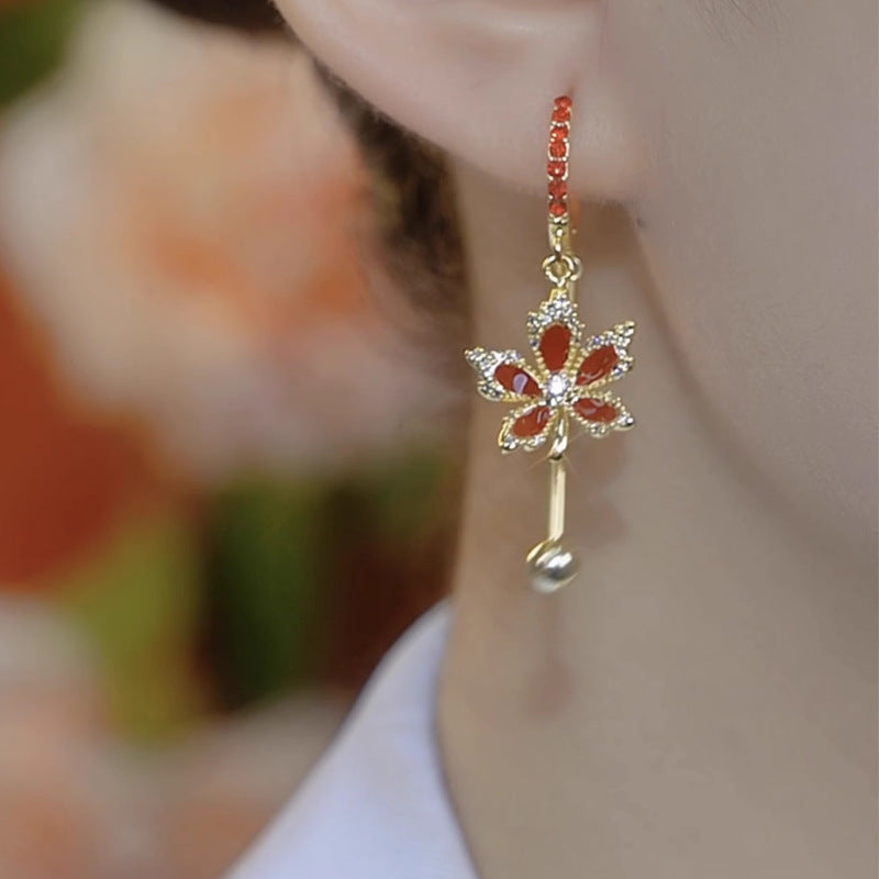 Red Zircon Maple Leaf Earrings Women'S Long Autumn And Winter Accessories