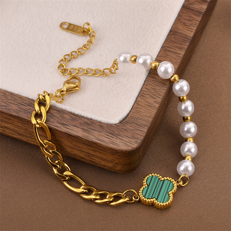 Pearl Four-leaf Clover Titanium Steel Bracelet Women's Fashion Bracelet