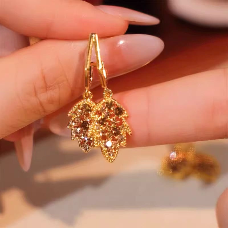 Gold Diamond Leaf Earrings With Silver Needle For Women