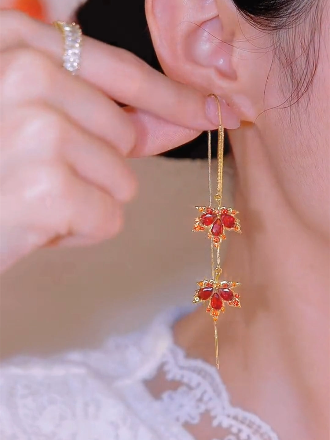 Long Tassel Two-leaf Maple Leaf Earrings
