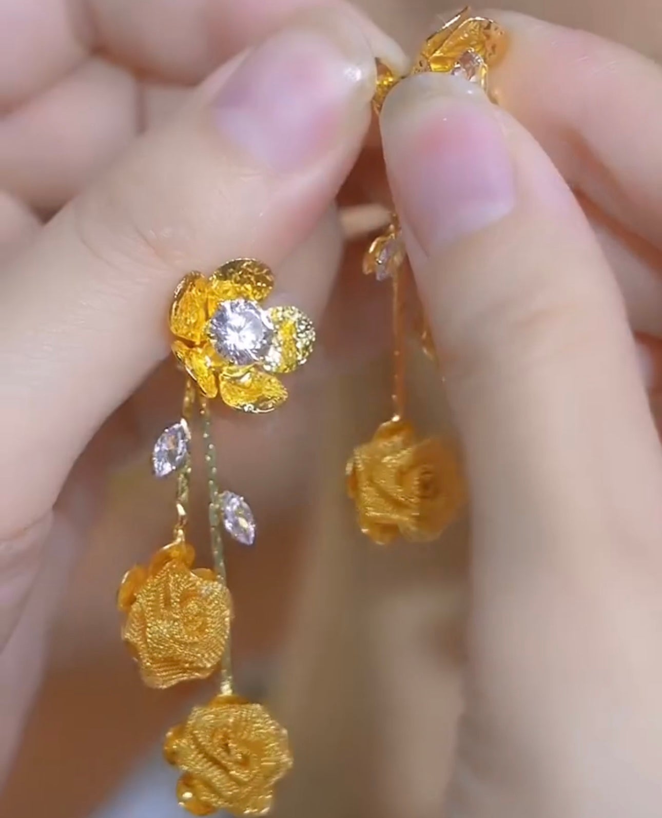 Elegant Gold Sequined Mesh Long Diamond Earrings for Women