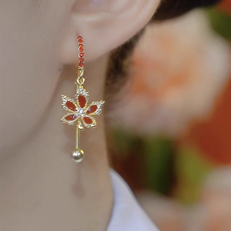 Red Zircon Maple Leaf Earrings Women'S Long Autumn And Winter Accessories