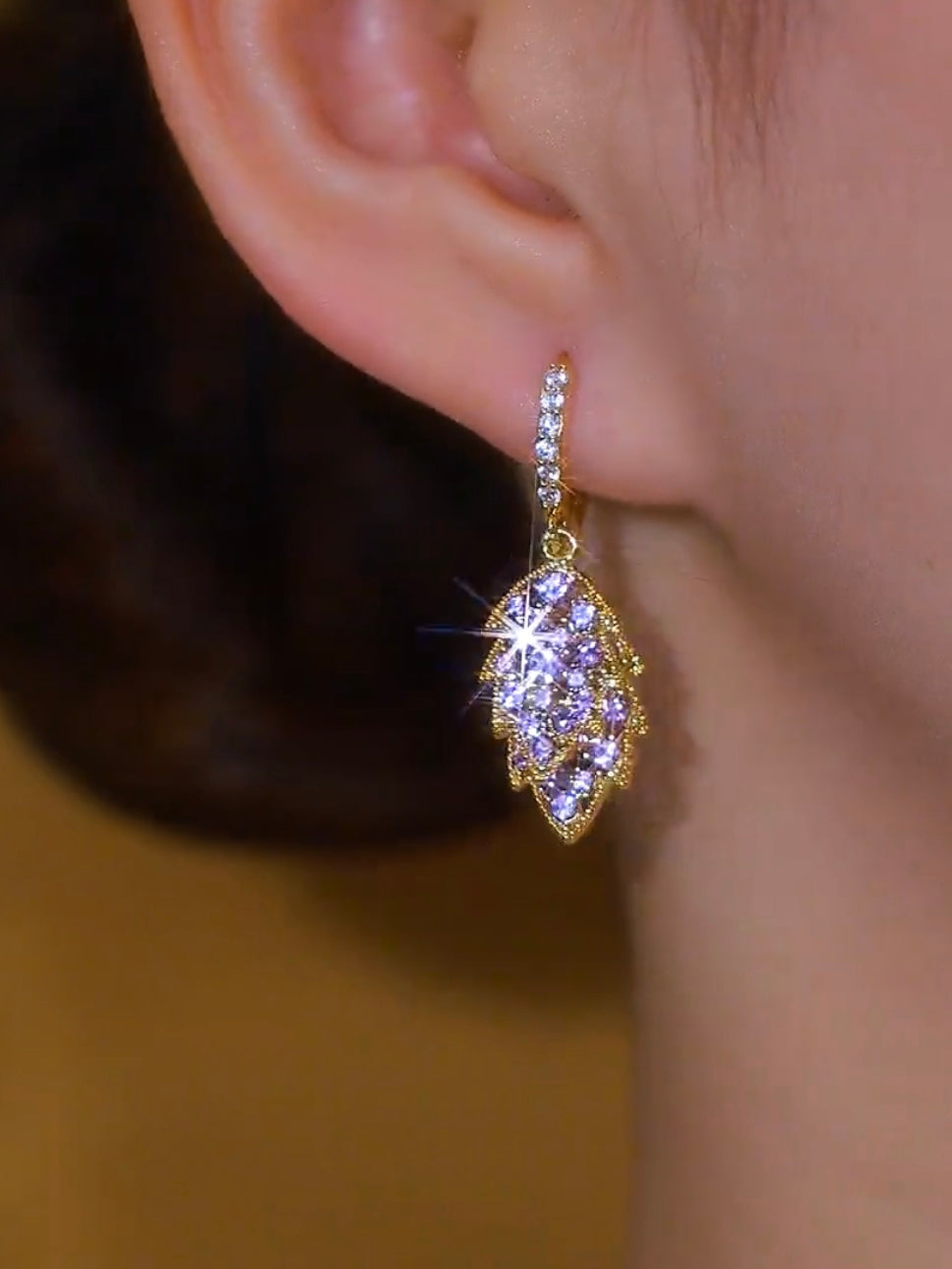 Golden Branches and Jade Leaf Earrings High-end Purple Diamond Leaf Earrings