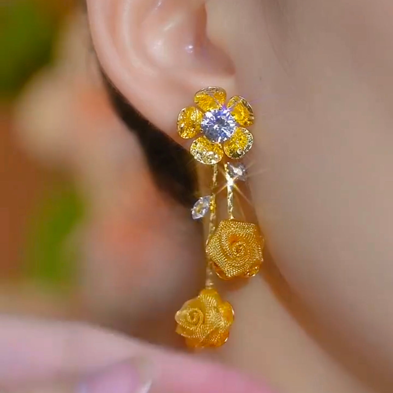 Elegant Gold Sequined Mesh Long Diamond Earrings for Women