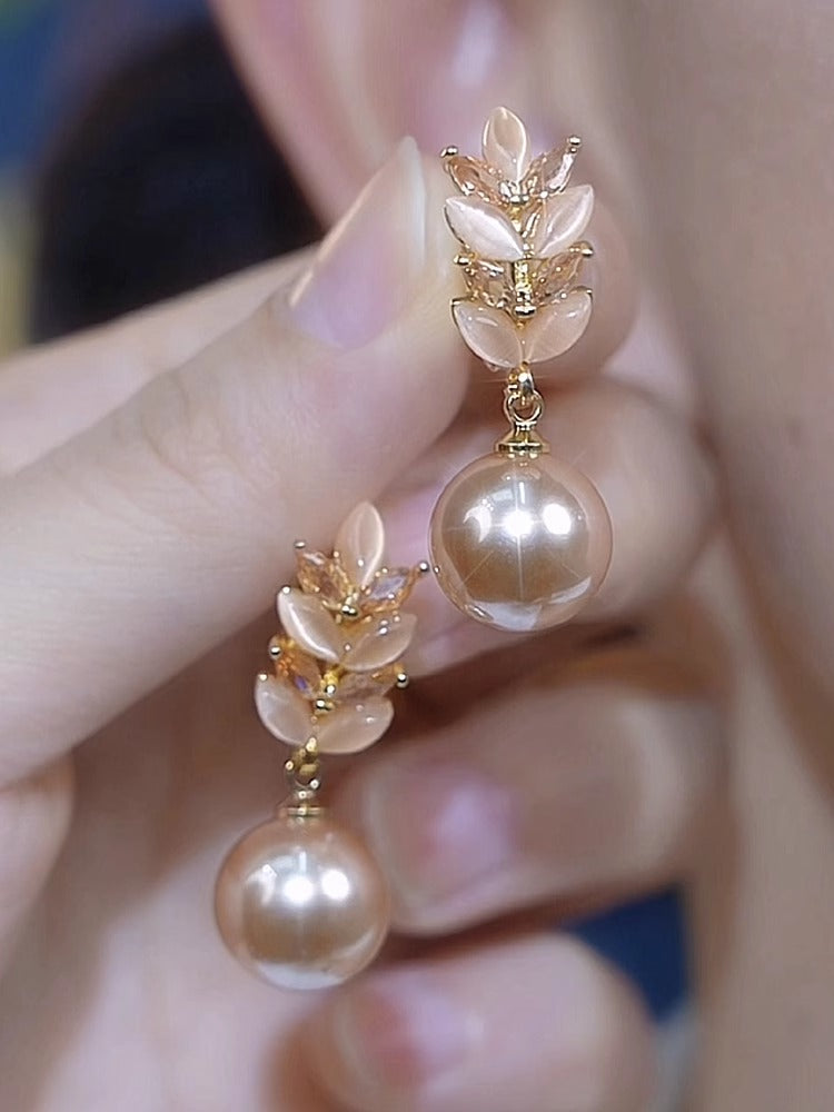 S925 Silver Needle Champagne Wheat Cat's Eye Pearl Earrings