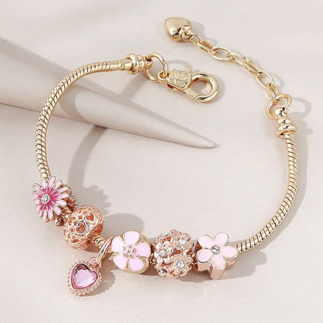 Pink Heart Daisy Beaded Bracelet Hollow Diamond Flower Ball Bracelet