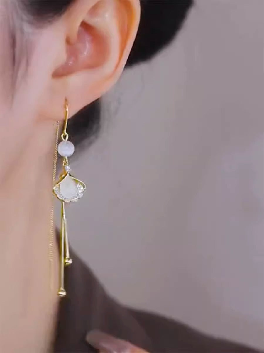 Women's Silver Needle Long Tassel Earrings Ginkgo Leaf Ear Wire