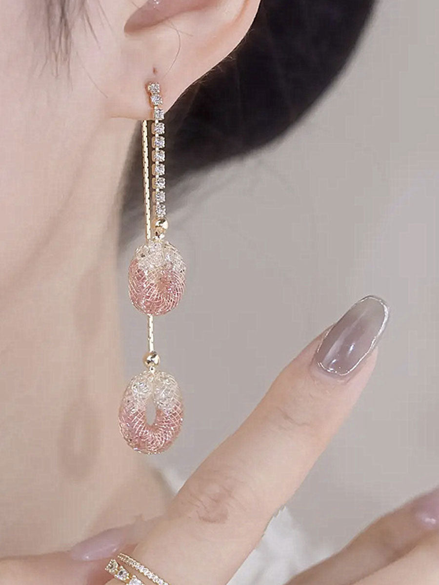 Mesh Hollow Pink Crystal Tassel Earrings