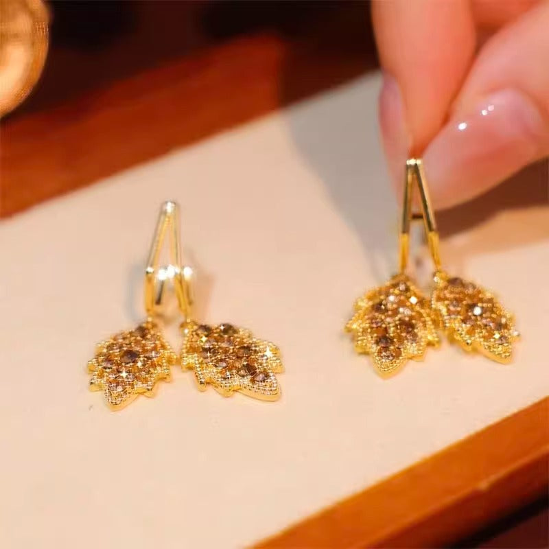Gold Diamond Leaf Earrings With Silver Needle For Women