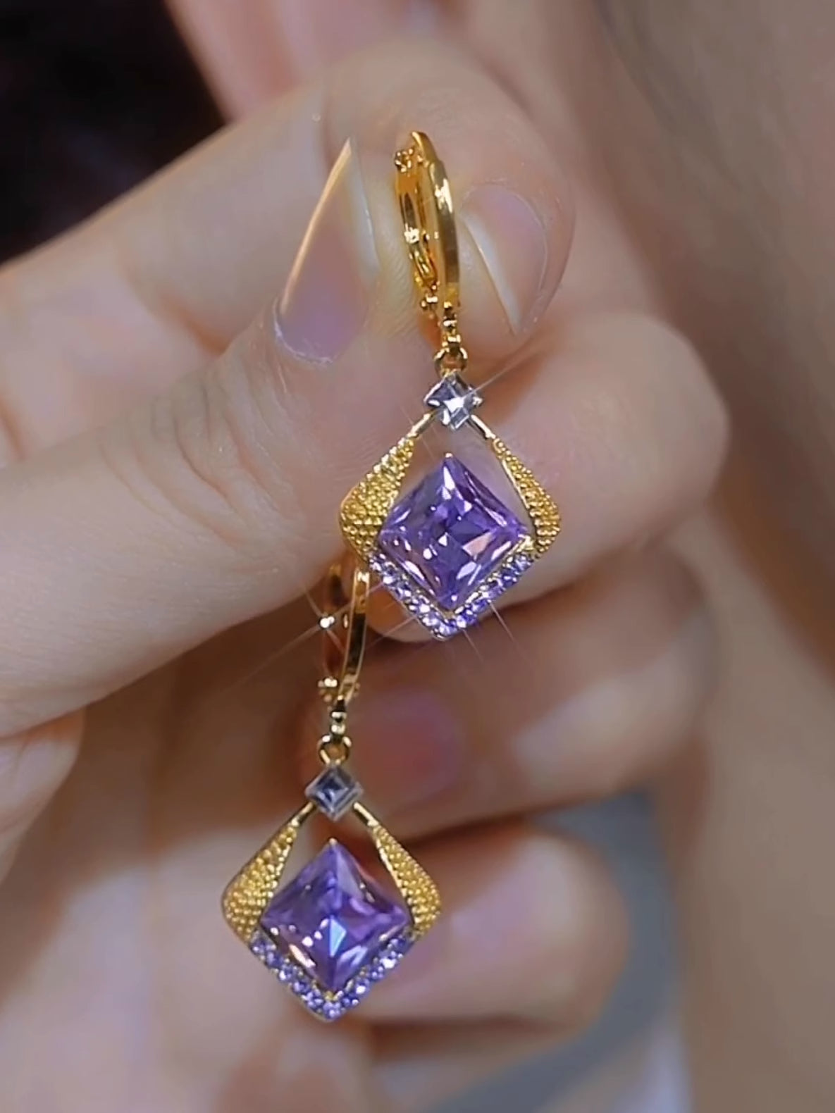 Purple Crystal Rhombus Full Diamond Earrings Fashion Jewelry