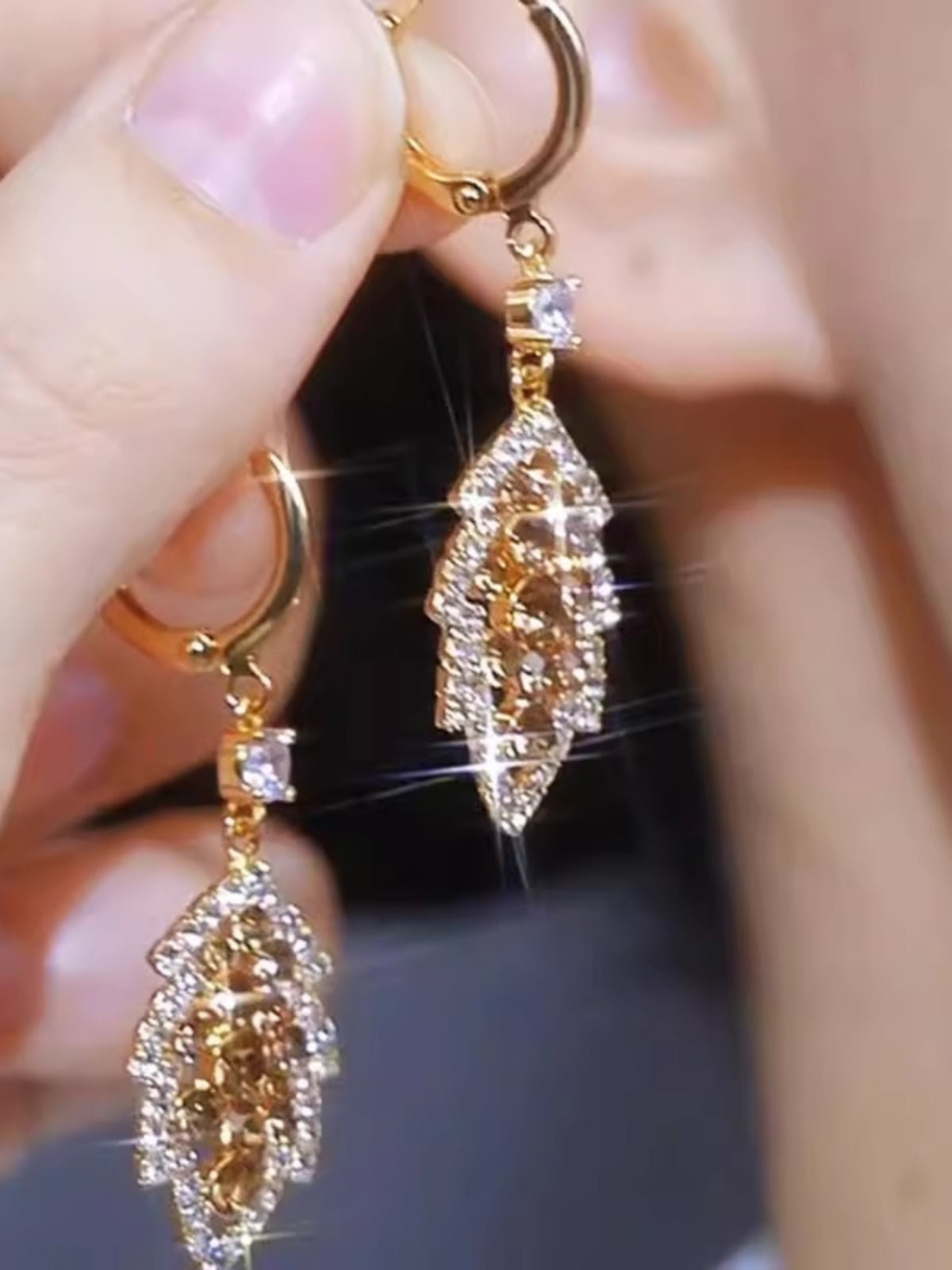 Gold Branches and Jade Leaves Diamond Hollow Earrings Women's Accessories